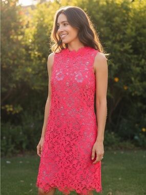Sleeveless Coral Lace Midi Dress with Floral Cutouts
